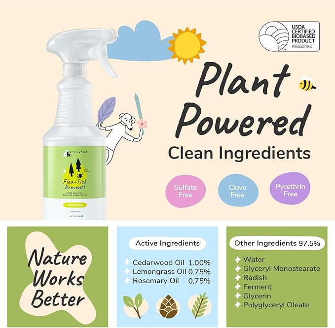 kin+kind Plant Based Flea and Tick Spray for Dogs and Cats – Essential Oil Formula with Lemongrass – Flea and Tick Prevention for Cats, Kittens, Puppies &amp; Dogs - Pet Supplies - Family Safe – 32 fl oz