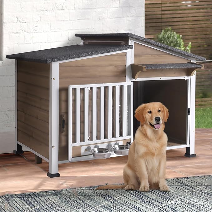 Chew-Resistant Dog House with Metal Frame, Wooden Kennel for Indoor &amp; Outdoor Use, Waterproof Roof &amp; Feeding Bowls Included (Brown, L)