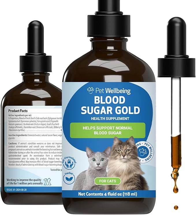 Pet Wellbeing Blood Sugar Gold for Cats - Healthy Blood Sugar Levels, Pancreas &amp; Liver Function, Devil’s Club, Gymnema - Veterinarian-Formulated Herbal Supplement 4 oz (118 ml)