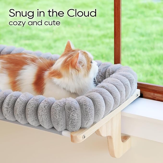 Cat Perch for Window Sill with 4-Sided Bolster - Orthopedic Cat Window Hammock - Solid Hardwood &amp; Metal Frame - Window Seat for Pets (Natural Color Wood w/Gray Bed, Medium)