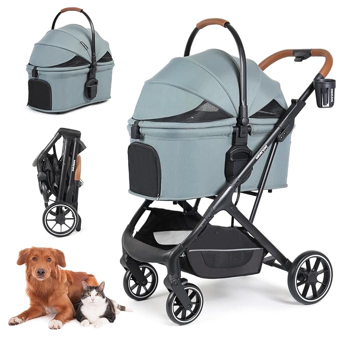 T6 Luxury Pet Stroller for Medium Dogs Up to 66lbs or 2 Small Pets – 3-in-1 Dog &amp; Cat Stroller with Removable Carrier, Foldable &amp; Lightweight (Green)