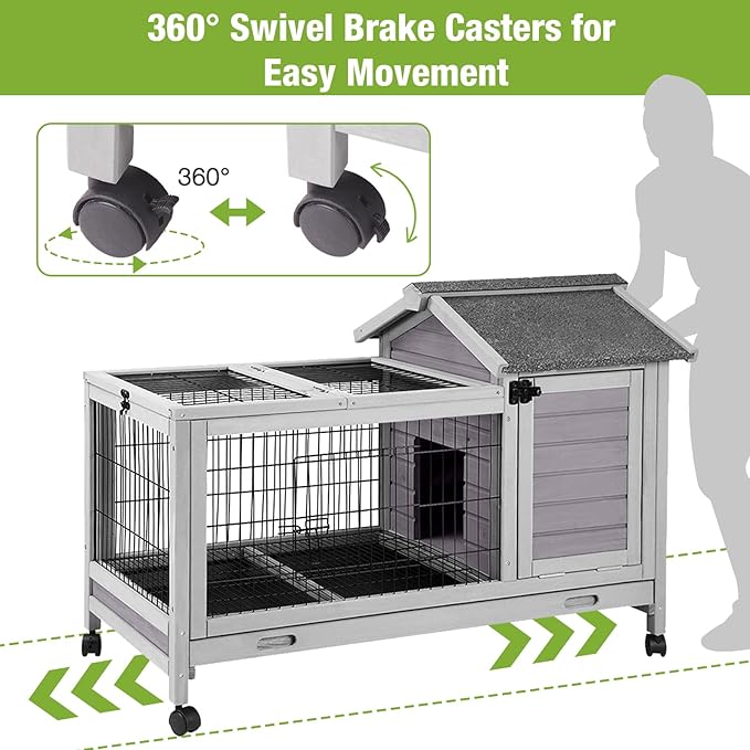 GUTINNEEN Rabbit Hutch Bunny Cage with Removable Wire Floor, Indoor/Outdoor Guinea Pig Cages with Leakproof Pull-Out Tray, 4 Lockable Wheels &amp; Run Space