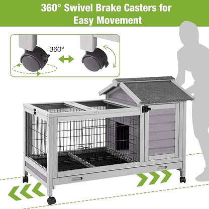 GUTINNEEN Rabbit Hutch Bunny Cage with Removable Wire Floor, Indoor/Outdoor Guinea Pig Cages with Leakproof Pull-Out Tray, 4 Lockable Wheels &amp; Run Space