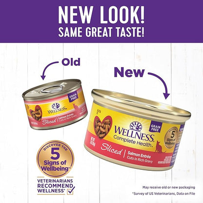 Wellness Complete Health Sliced Adult Wet Cat Food, Natural, Protein-Rich, Grain Free, 3 Ounce, 24 Pack, (Salmon Entrée)