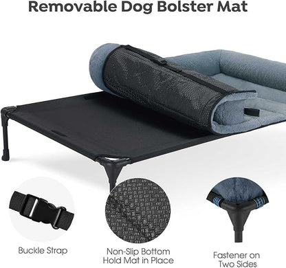 Veehoo Cooling Elevated Dog Bed with Fluffy Plush Bolster Cushion, Indoor Raised Dog Beds for Large Dogs, Soft Pet Sofa Cot with Removable Washable Mat, No-Slip Feet, 42 x 30 inches, Haze Blue