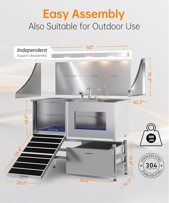 polimo Dog Washing Station, LED Professional Stainless Steel Dog Bathing Station 50", Dog Grooming Tub for Large, Medium &amp; Small Dog - with Window, Ramp, Drawer, Floor Grate &amp; Faucet (Left RAMP, 50")