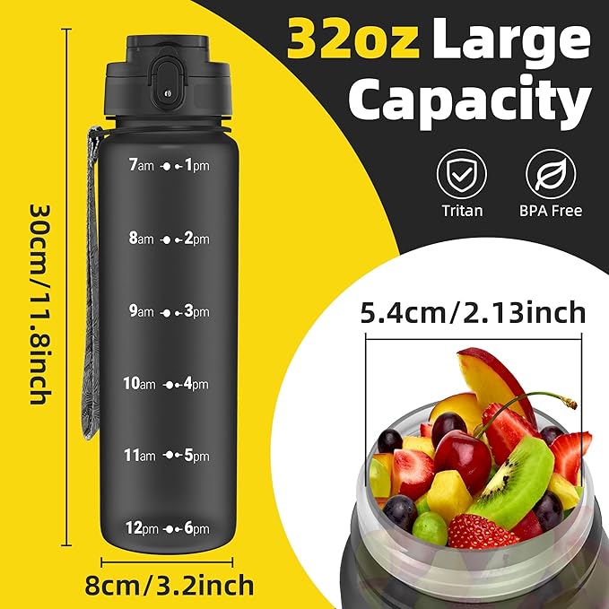 OLDLEY 32 oz Water Bottle, Motivational Water Bottle with Time Marker, Sports Water Bottle With Strap, Leakproof &amp; BPA Free Large Water Bottles for School, Gym, Travel, Outdoor, Tritan,Black