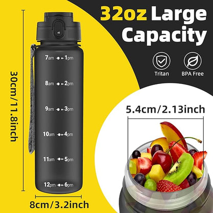 OLDLEY 32 oz Water Bottle, Motivational Water Bottle with Time Marker, Sports Water Bottle With Strap, Leakproof &amp; BPA Free Large Water Bottles for School, Gym, Travel, Outdoor, Tritan,Black