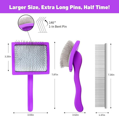 Dog Slicker Brush for Shedding and Grooming Medium or Long Haired Cats, Extra Long &amp; Soft Pin Slicker Brush for Removes Loose Hair, Tangles, Knots, Undercoat, Free Pet Comb, Large Purple