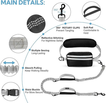 Hands Free Dog Leash, Adjustable Waist Belt with Double Padded Handles, Retractable Bungee for Medium &amp; Large Dogs, Waist Leash for Dog Walking, Running, No Pull, Grey