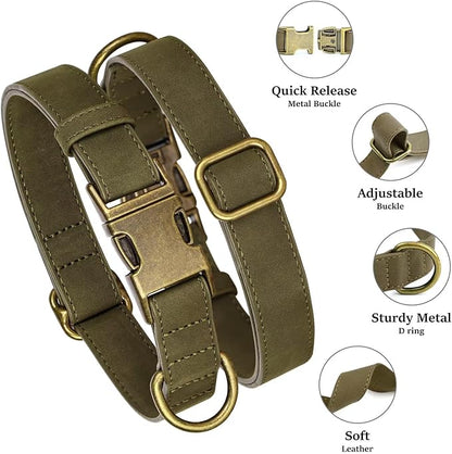 Didog Soft PU Leather Dog Collar, Stylish Quick Released Dog Collars for Medium Dogs, Easy Clean Adjustable Pet Collar for Daily Walking, Dark Green, M Fit 13-21" Neck