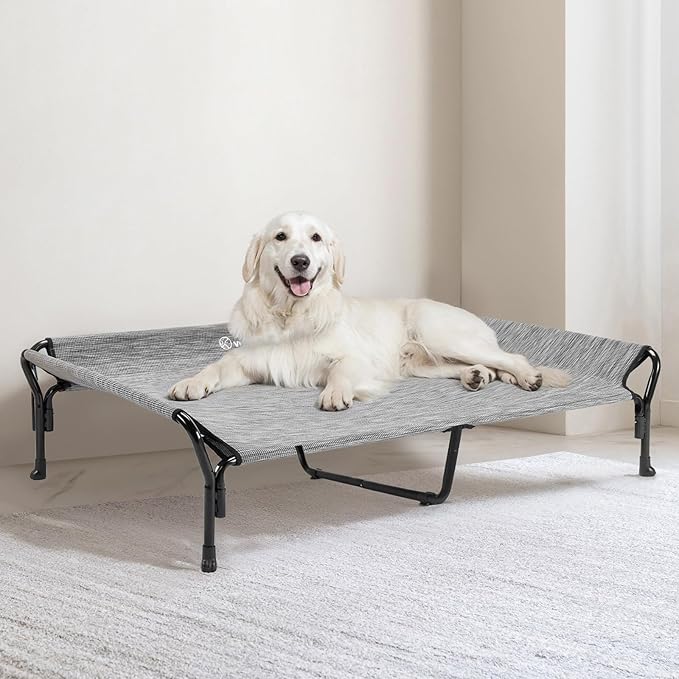 Veehoo Cooling Elevated Dog Bed, XL Raised Pet Cot with Guardrail &amp; Slope Headrest, Durable Breathable Teslin Mesh, Non-Slip Feet, Washable Dog Couch Bed for Indoor &amp; Outdoor, X Large, Black Silver