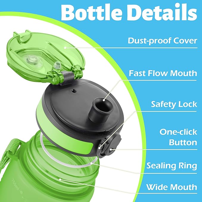 OLDLEY 25 oz Water Bottle, Motivational Water Bottle with Time Marker, Sports Water Bottle With Strap, Leakproof &amp; BPA Free Large Water Bottles for School, Gym, Travel, Outdoor, Tritan,Green&amp;Blue