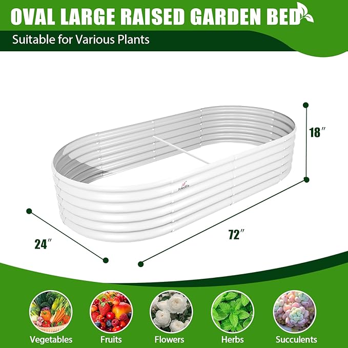 A ANLEOLIFE 6X2X1.5 ft Galvanized Raised Garden Beds Outdoor, Oval Round Metal Planter Box for Planting Vegetables Flowers Herb, Anti-Rust &amp; Easy-Setup, Antique White