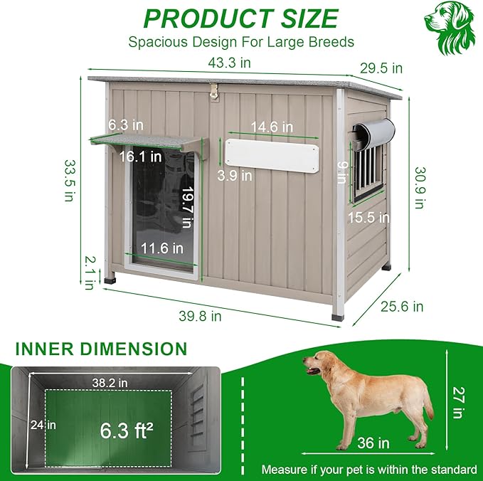 Dog House Outdoor Weatherproof &amp; Wooden Dog Kennel with Chew-Proof Iron Frame，Removable Floor, Adjustable Vent Window, Easy Assembly for Large and Medium Dogs 43.3" D x 29.5" W x 33.5" H