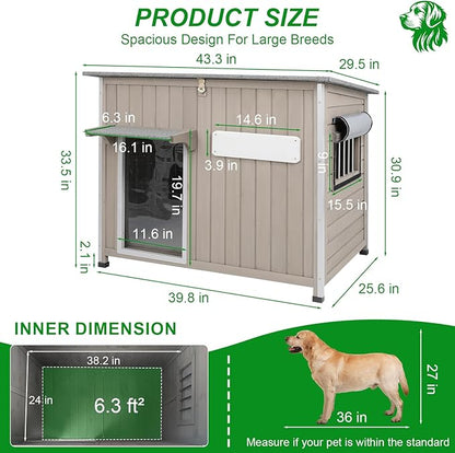 Dog House Outdoor Weatherproof &amp; Wooden Dog Kennel with Chew-Proof Iron Frame，Removable Floor, Adjustable Vent Window, Easy Assembly for Large and Medium Dogs 43.3" D x 29.5" W x 33.5" H