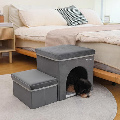 Foldable Pet Stairs for Beds &amp; Sofas - Non-Slip Dog Steps with Storage for Small to Medium Dogs &amp; Cats, Supports up to 120 lbs - Durable 2 &amp; 3-Step Doggie Ladder for Easy Access