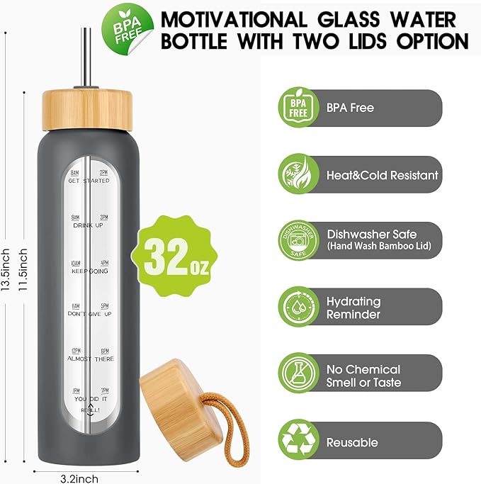 32 oz Glass Water Bottle with Straw - Motivational Time Marker &amp; Silicone Sleeve - Reusable Tumbler Includes 2 Bamboo Lids &amp; Fruit Infuser - 1 Pack