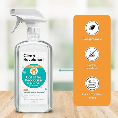 Clean Revolution Cat Litter Deodorizer Spray – 18oz, Probiotic Odor Elimination with DustLock™, Fragrance-Free, Extends Litter Life, Non-Toxic, Safe for All Cats, Made in USA