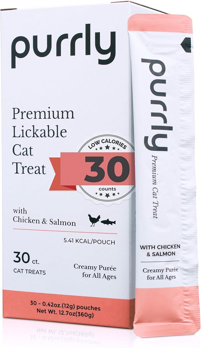 Purrly Hydrating Wet Cat Treat Snack Topper Creamy Purée Human-Grade Chicken Breast &amp; Salmon with Omega-3 &amp; 6 for Skin &amp; Coat (30 Count) Healthy Lickable Squeeze Soft Snack