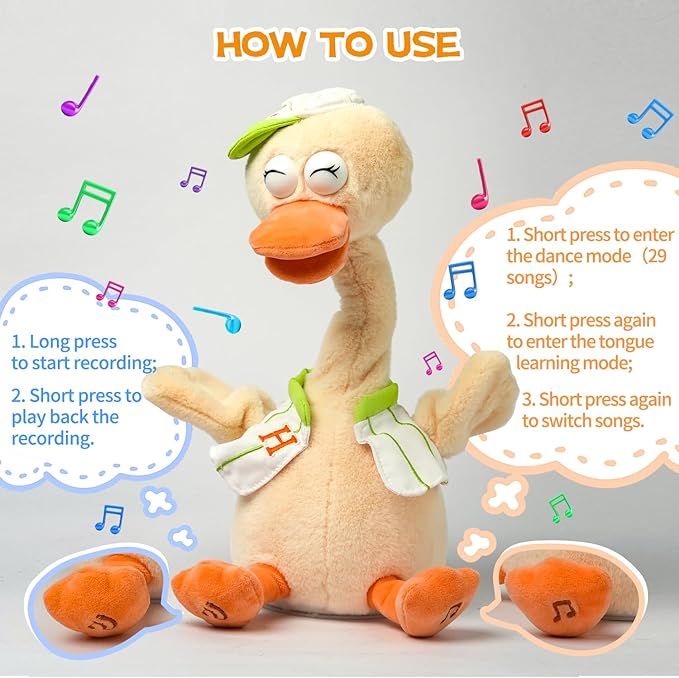 Talking Dancing Duck Toy Mimicking Recording Plush &amp; Interactive Toy, Repeating What You Say, Neck Shaking Stuffed Toys, Talking Doll for Birthday Kids Gift for Boy &amp; Girl