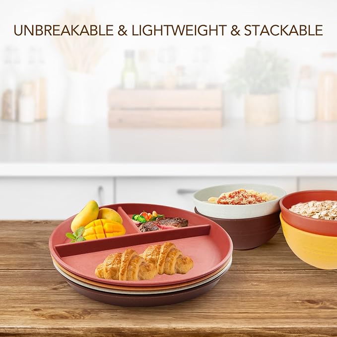 greenandlife 9 Inch 4PCS Unbreakable Portion Control Plates, Divided Plates for Kids Adults, Dishwasher &amp; Microwave Safe Compartment Plate, Lightweight Reusable Wheat Straw Plate, BPA Free