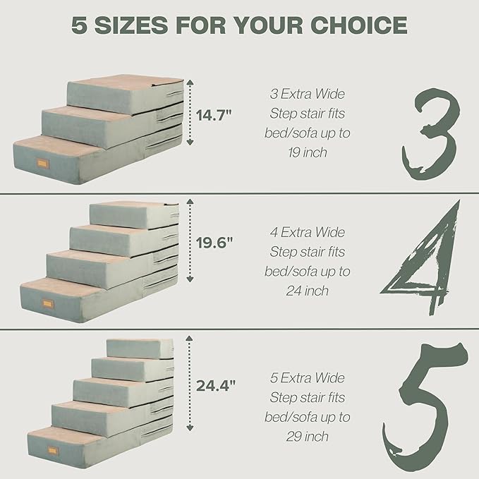 All-in-One Adjustable Dog Stairs – 5-Step Premium Pet Ramp for Small to Large Dogs – Sturdy, Non-Slip &amp; Versatile for Beds, Sofas &amp; More - Soft Cover, Modern Design (Green)