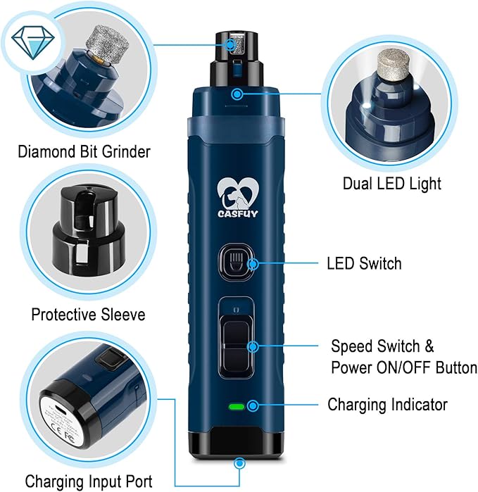 Casfuy Dog Nail Grinder with 2 LED Light - 4.8V Super Powerful 2-Speed Electric Pet Nail Trimmer for Medium Large Dogs Quiet Rechargeable Painless Paws Grooming &amp; Smoothing Tool (Dark Blue)