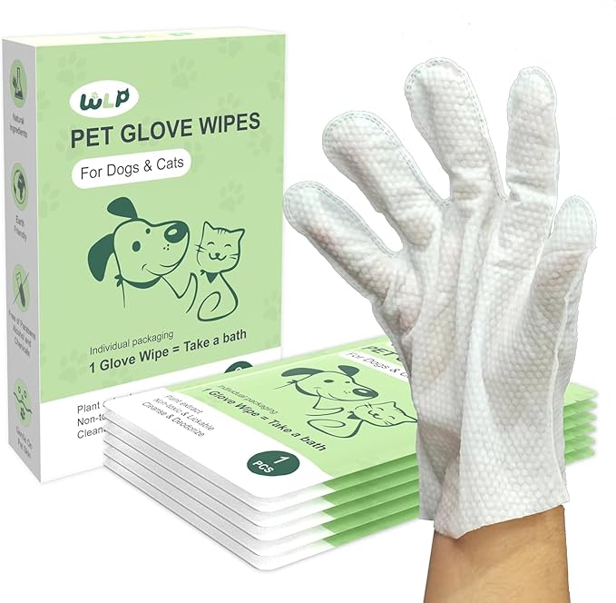 WLP Cleaning &amp; Deodorizing Glove Bath Wipes for Dogs and Cats, Hypoallergenic Nourish Fur Aloe Extract Jojoba Oil Pet Grooming Wipes for Daily and Travel (6 PCS)