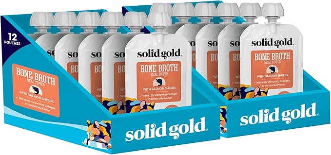 Solid Gold Bone Broth Cat Food Topper - Limited Ingredient Lickable Cat Broth Pouches w/Salmon Protein Shreds &amp; Collagen for Hydration &amp; Gut Support - Easy to Serve Gravy for Cats Meal Topper - 12ct