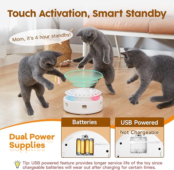 Potaroma Cat Toys 3in1 Automatic Interactive Kitten Toy, Fluttering Butterfly, Moving Feather, Track Balls, Dual Power Supplies, USB Powered, Indoor Exercise Kicker (Bright White)