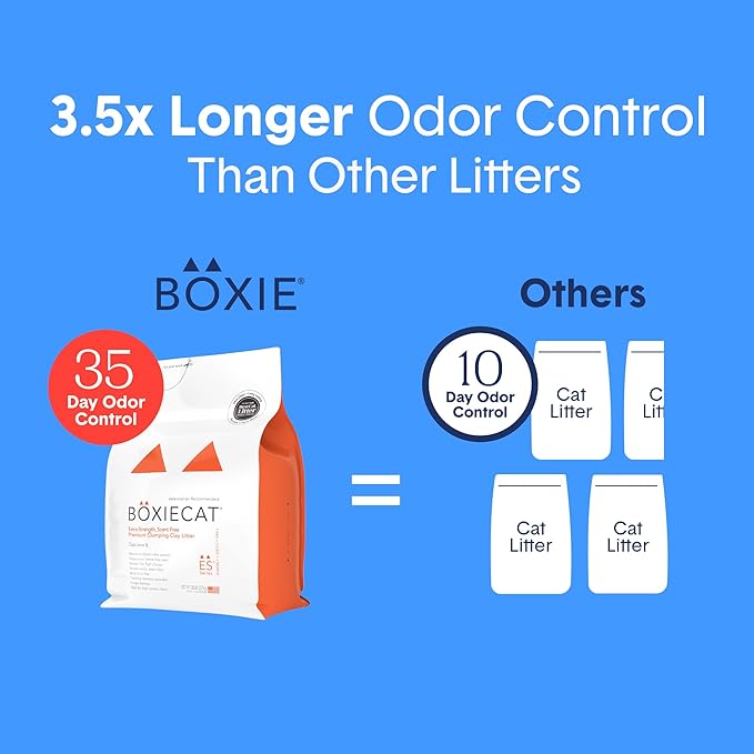 Boxie® Extra Strength 35 Day Odour Control Clumping Clay Cat &amp; Kitty Litter 40lb, 99.9% Dust-Free, Probiotic Formula, Long-Lasting, Veterinarian Approved, Easy Scooping for Multi-Cat Homes