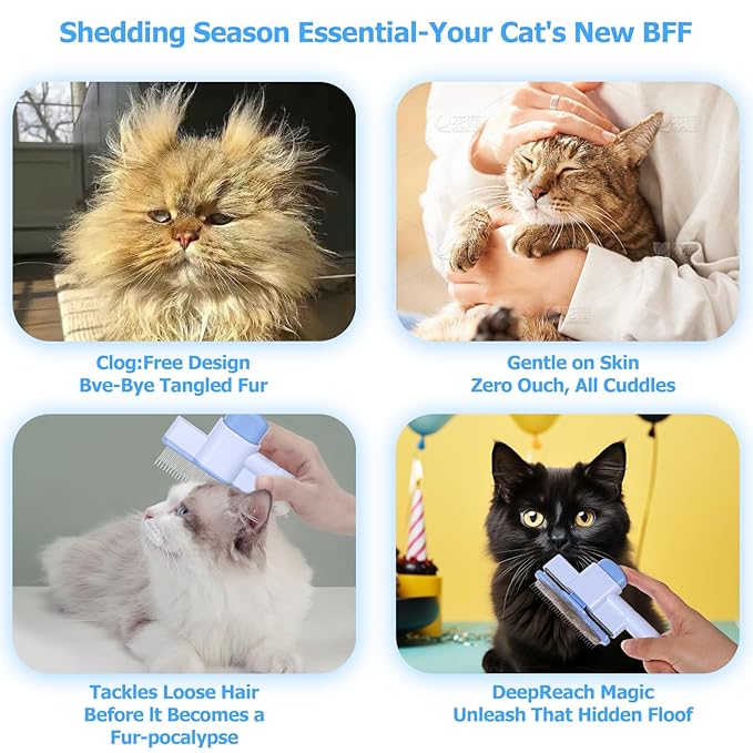 Zen Brush for Cats: Cat Flea Comb &amp; Dematting Comb for Cats - Self-Cleaning Pet Hair Removal Tool with Long &amp; Short Stainless Steel Teeth, Blue Pink