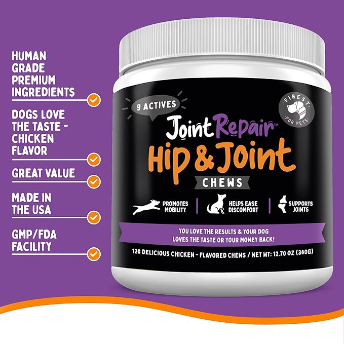 Joint Repair Hip and Joint Chews for Dogs - Finest for Pets Glucosamine, Chondroitin, MSM, Omega 3 &amp; Turmeric for Dog Joint Support, Mobility &amp; Pain Relief - (120 Chicken Flavored Chews, Made in USA)