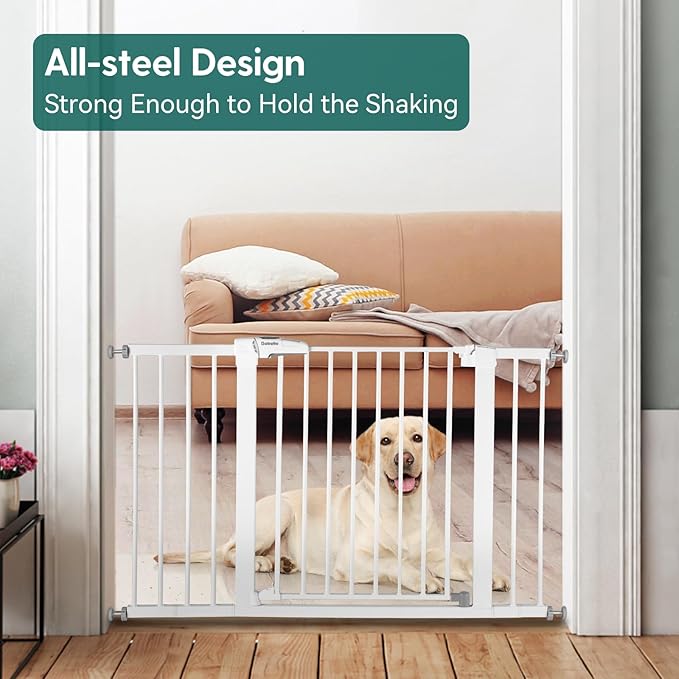 Babelio Metal Baby Gate, 29-48“ Auto Close Easy Install Pet Gate, Extra Wide Walk Thru Child Safety Gate, Pressure Mounted Dog Gate for Doorways &amp; Stairs, with Y Spindle Rods, White
