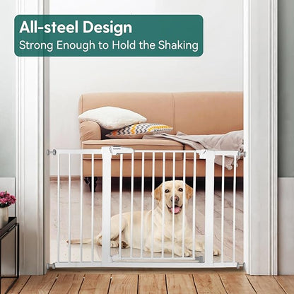 Babelio Metal Baby Gate, 29-48“ Auto Close Easy Install Pet Gate, Extra Wide Walk Thru Child Safety Gate, Pressure Mounted Dog Gate for Doorways &amp; Stairs, with Y Spindle Rods, White