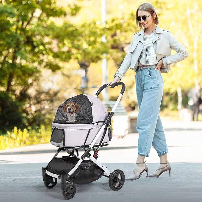 Pet Stroller for Medium Small Dog &amp; Cat, Foldable Lightweight Dog Stroller with Storage Basket Pet Travel Carriage with Safety Leashes, 4 Wheel, Gray