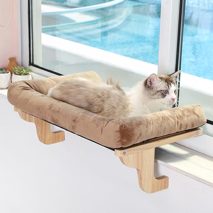 Cat Perch for Window Sill with Bolster - Orthopedic Hammock Design with Premium Hardwood &amp; Robust Metal Frame - Cat Window Seat for Large Cats and Kittens - Natural Color Wood with Brown Bed