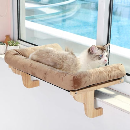 Cat Perch for Window Sill with Bolster - Orthopedic Hammock Design with Premium Hardwood &amp; Robust Metal Frame - Cat Window Seat for Large Cats and Kittens - Natural Color Wood with Brown Bed