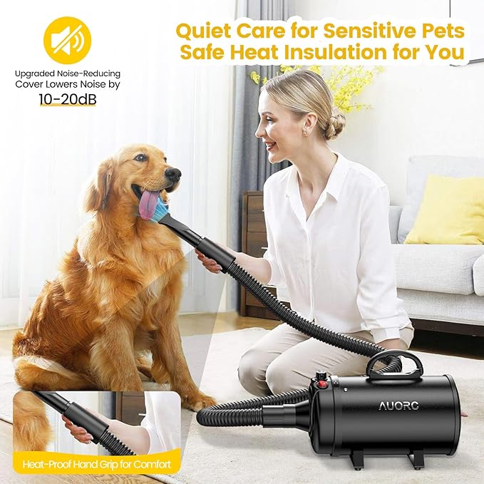 Dog Dryer, 5.2HP/3800W High Velocity Dog Hair Dryer with 4 Nozzles, Stepless Adjustable Speed &amp; Temperature Control, Low Noise Professional Dog Grooming Dryer (Black)