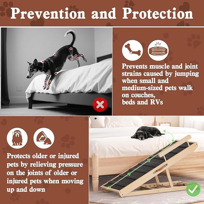 Dog Ramp for Bed, Couch, Car, Folding Pet Ramps 44.48" Long Adjustable 15"-22" Wooden Stairs with High Traction Mat &amp; Safety Side Rails for Small &amp; Medium Old Dogs &amp; Cats, up to 200 lbs