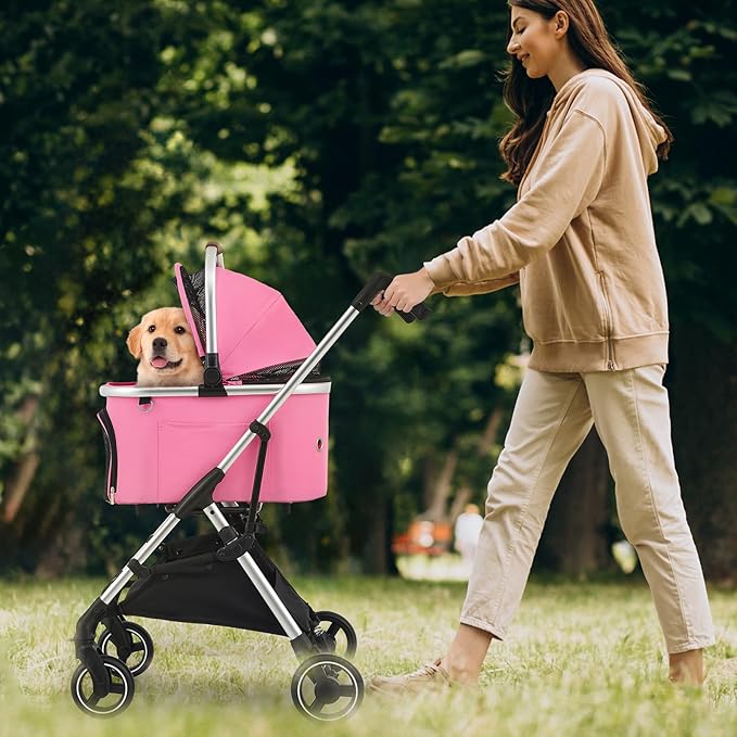 MoNiBloom Pet Stroller for Small/Medium Dogs w/Detachable Carrier &amp; Lightweight Aluminum Frame, Folding Jogging Travel Stroller, Pink