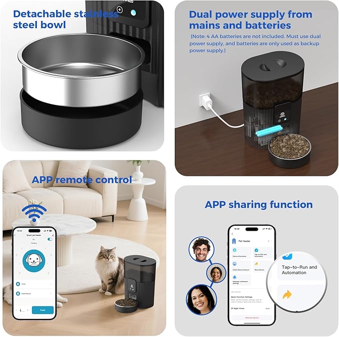PAPIFEED Automatic Cat Feeder 3.5L/15 Cup 2.4G WiFi Pet Feeder for Dog Work with Alexa &amp; Echo Timed Cat Food Dispenser for Remote Feeding with Stainless Steel Bowl up to 10 Meals Per Day with APP