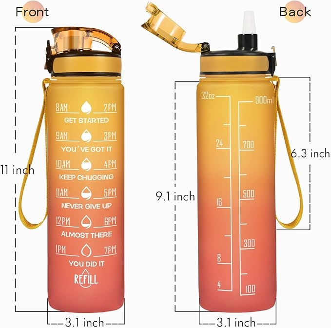 Enerbone Water Bottle, Leakproof BPA &amp; Toxic Free, Motivational Water Bottle with Times to Drink and Straw, Fitness Sports Water Bottle with Strap for Office, Gym, Outdoor Sports
