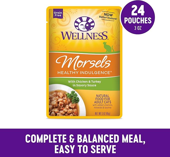 Wellness Healthly Indulgence Morsels Adult Wet Cat Food, Natural, Protein-Rich, Grain Free, 3 Ounce Pouch, 24 Pack, (Chicken &amp; Turkey)