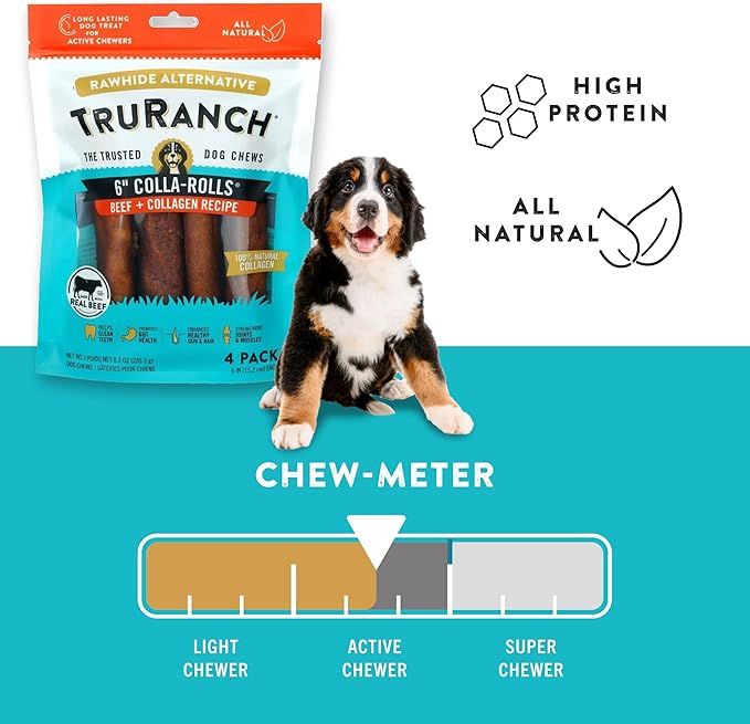 Collagen Rolls - 6" Collagen Rolls for Dogs - Long Lasting Healthy Joint Support - Rawhide Alternative - Skin &amp; Coat Health - Made with Real Beef, Value Pack, 3 Bags, 12 Count