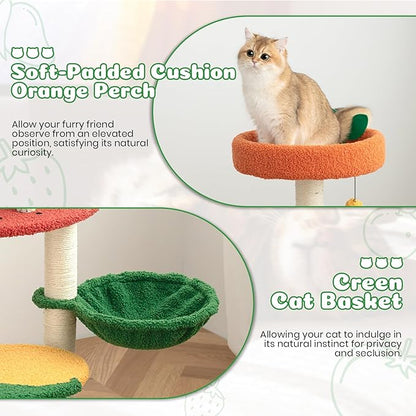 Happy &amp; Polly Cute Cat Tree - 40.5" Fruit World Cat Tower for Indoor Cats, Cat Tree Condo with Sisal Scratching Posts, Cozy Hammock, Plush Strawberry Perches, Kitten Cat Trees Towers Activity Center