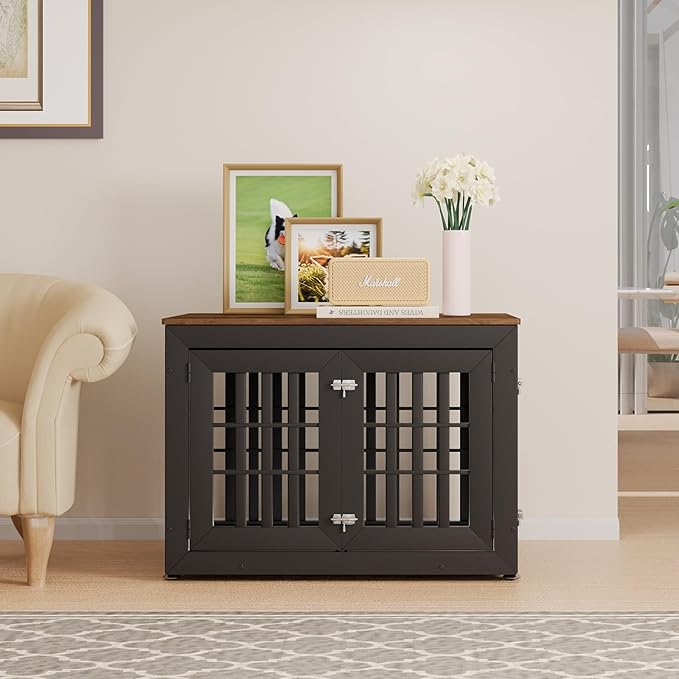 38" Heavy Duty Dog Crate Furniture for Small,Medium and Large Dogs,Rustic Wooden Dog Cage Kennel Indoor Furniture with Waterproof Top,Decorative Pet House Side End Table (Black &amp; Wood)