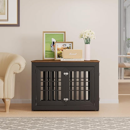 38" Heavy Duty Dog Crate Furniture for Small,Medium and Large Dogs,Rustic Wooden Dog Cage Kennel Indoor Furniture with Waterproof Top,Decorative Pet House Side End Table (Black &amp; Wood)