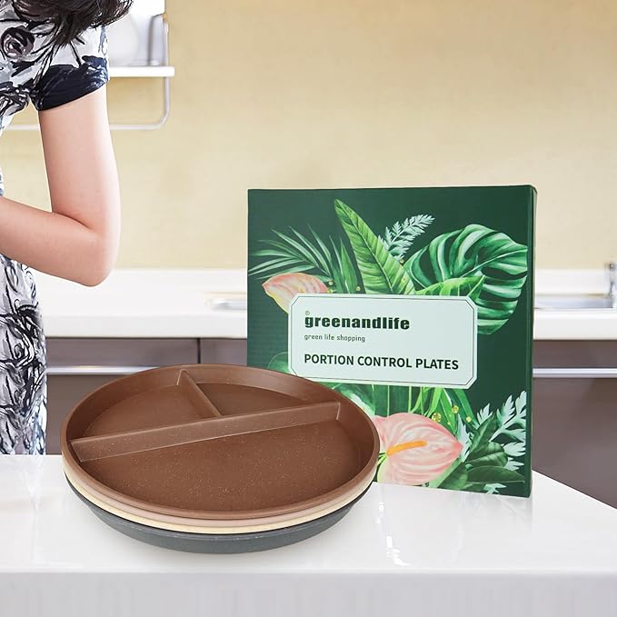 greenandlife 9 Inch 4PCS Unbreakable Portion Control Plates, Divided Plates for Kids Adults, Dishwasher &amp; Microwave Safe Compartment Plate, Lightweight Reusable Wheat Straw Plate, BPA Free